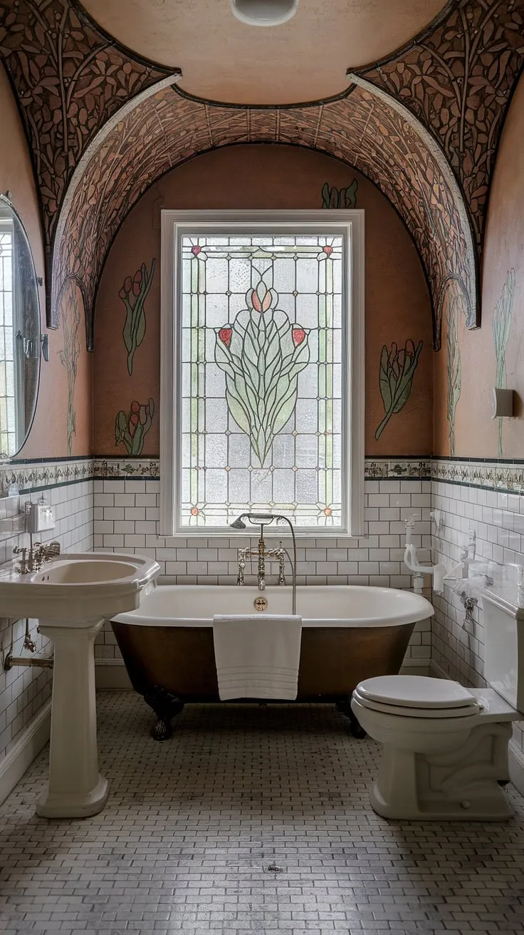 Indulge in the captivating allure of this art nouveau bathroom.  The vintage interior decor, complete with stained glass windows and an antique bathroom design, creates a whimsical bathroom decor that embodies the spirit of art nouveau interiors.  Find inspiration for your own art nouveau bathroom ideas in this dream bathroom design.