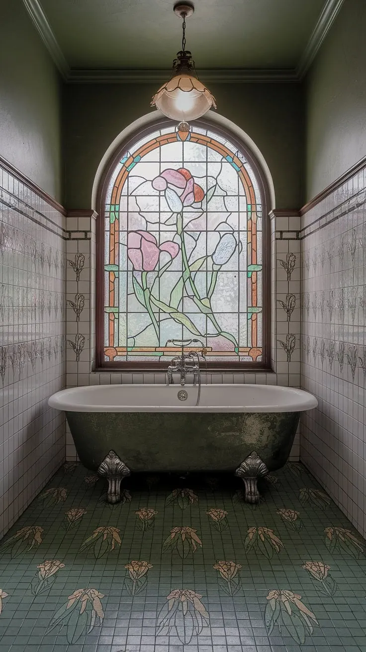 Step into a dream: this art nouveau bathroom, with its stained glass windows and antique bathroom design, embodies the ultimate vintage bathroom aesthetic.  Whimsical bathroom decor and art nouveau interiors combine to create a truly unique and inspiring space.  Find your own art nouveau bathroom ideas within this vintage interior decor masterpiece.
