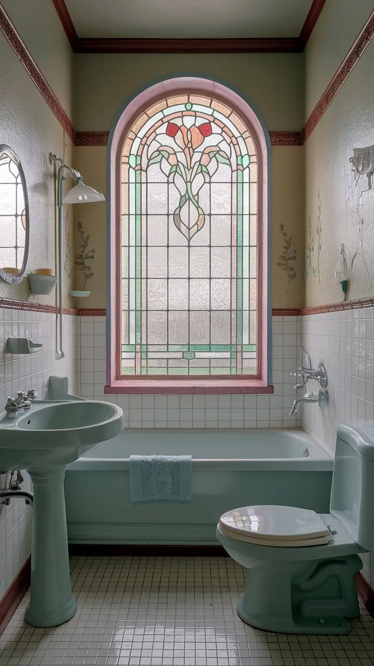 Indulge in the captivating allure of this vintage interior decor.  The art nouveau bathroom's stained glass windows bathe the space in a dreamy light, complementing the antique bathroom design and whimsical touches.  Find inspiration for your own art nouveau bathroom ideas in this stunning example of art nouveau interiors.