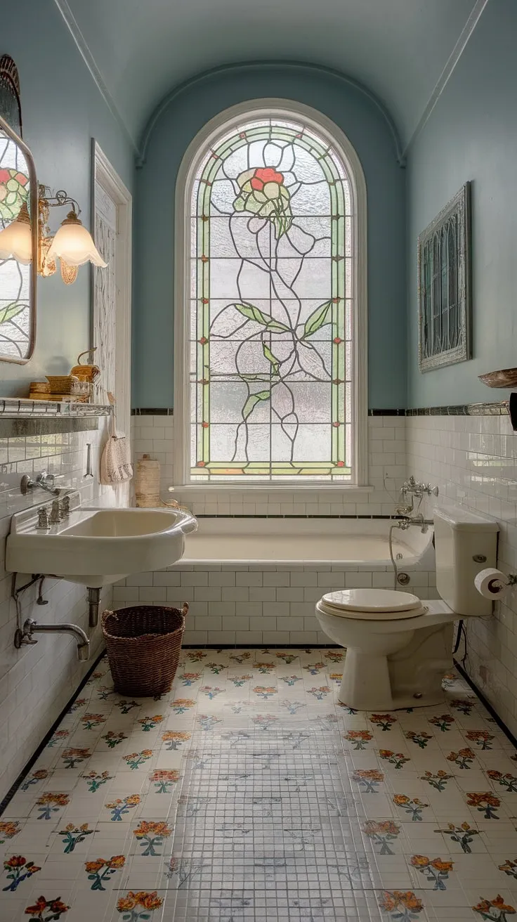 Indulge in the exquisite details of this Art Nouveau bathroom, a testament to vintage bathroom aesthetic.  Antique bathroom design elements, including the stained glass windows, create a whimsical bathroom decor and a dream bathroom design that embodies the spirit of Art Nouveau interiors and Art Nouveau bathroom ideas.