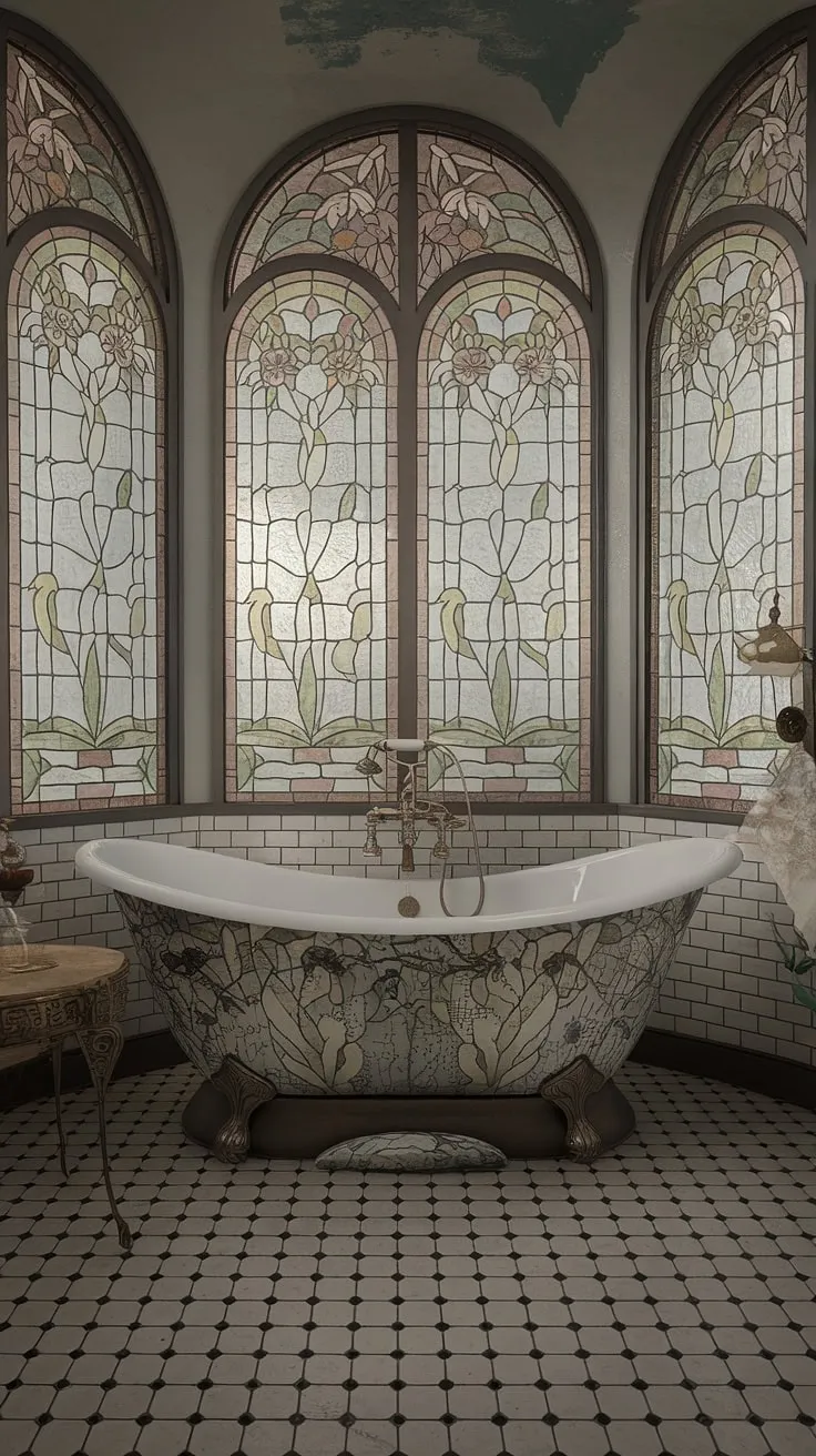 Indulge in the vintage bathroom aesthetic of this stunning antique bathroom design.  Stained glass windows bathe the space in ethereal light, creating a dream bathroom design that perfectly captures the whimsical charm of art nouveau interiors. Explore art nouveau bathroom ideas and find your own inspiration in this breathtaking space.
