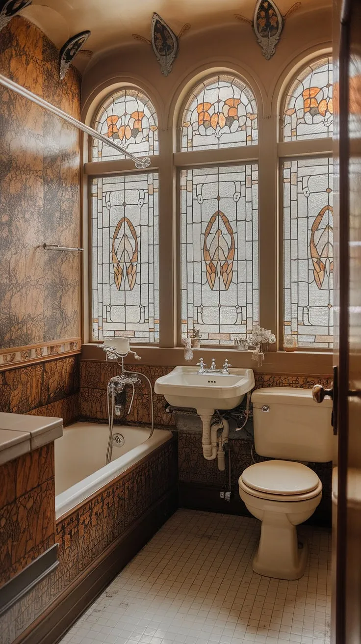 Step into a dream: This art nouveau bathroom, with its stained glass windows and antique bathroom design, embodies vintage bathroom aesthetic at its finest.  Art nouveau interiors and whimsical bathroom decor combine to create the ultimate vintage interior decor and art nouveau bathroom ideas.