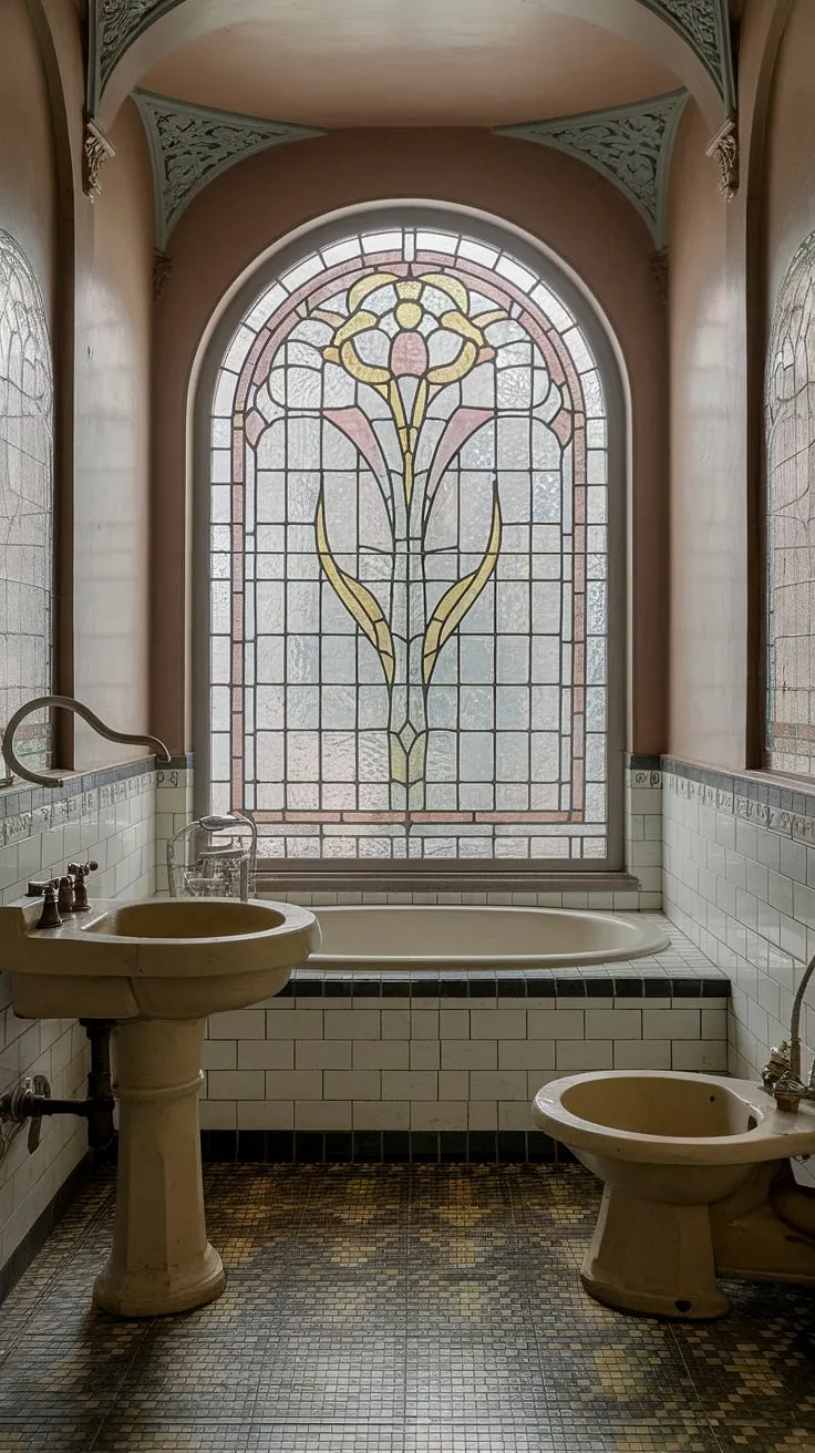 Indulge in the captivating allure of this Art Nouveau bathroom.  The vintage bathroom aesthetic, enhanced by exquisite stained glass windows and antique bathroom design details, creates a whimsical bathroom decor that embodies Art Nouveau bathroom ideas and vintage interior decor.  A truly dream bathroom design.