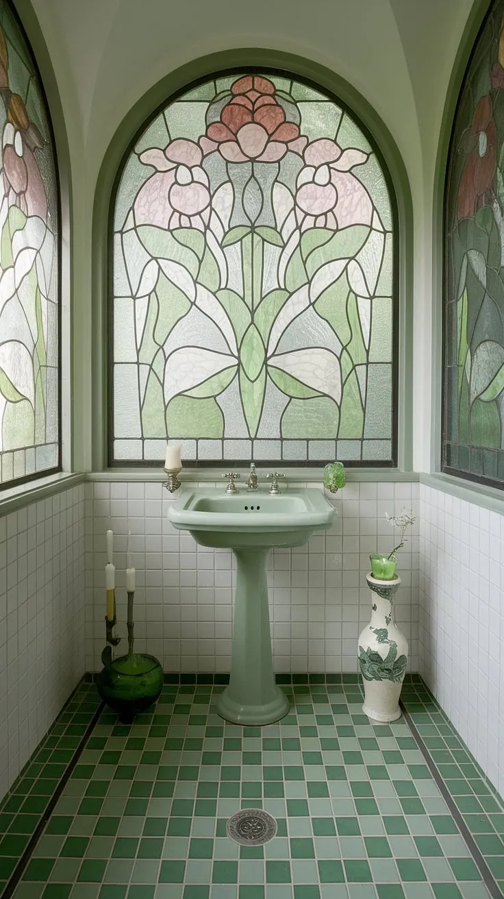 Indulge in the enchanting allure of this vintage bathroom aesthetic.  Art nouveau interiors shine through in every detail, from the stained-glass windows to the whimsical bathroom decor. This antique bathroom design, with its art nouveau bathroom ideas, offers a dreamy escape, showcasing the beauty of green and white in a truly captivating dream bathroom design.