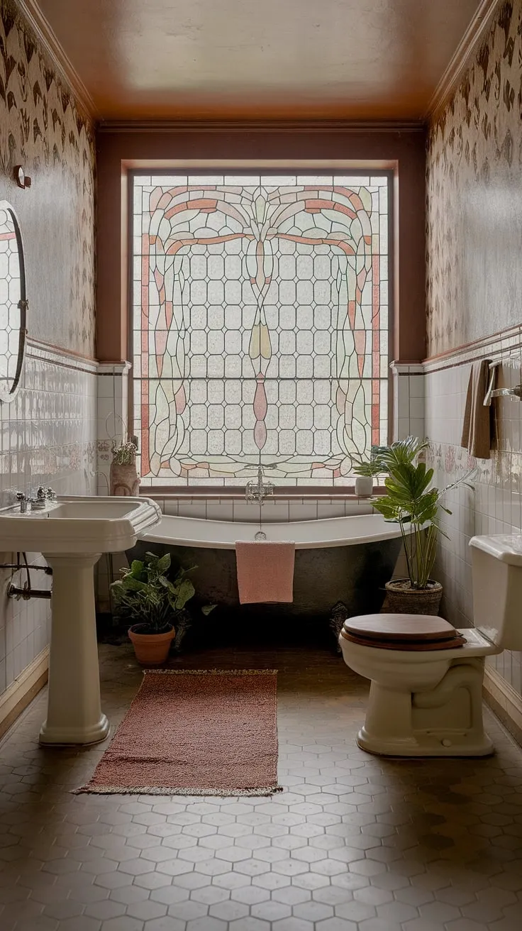 Indulge in the vintage bathroom aesthetic of this art nouveau bathroom.  Antique bathroom design details, like the stained glass windows and intricate wall patterns, create a whimsical bathroom decor. This dream bathroom design is a masterclass in art nouveau interiors, offering endless art nouveau bathroom ideas.