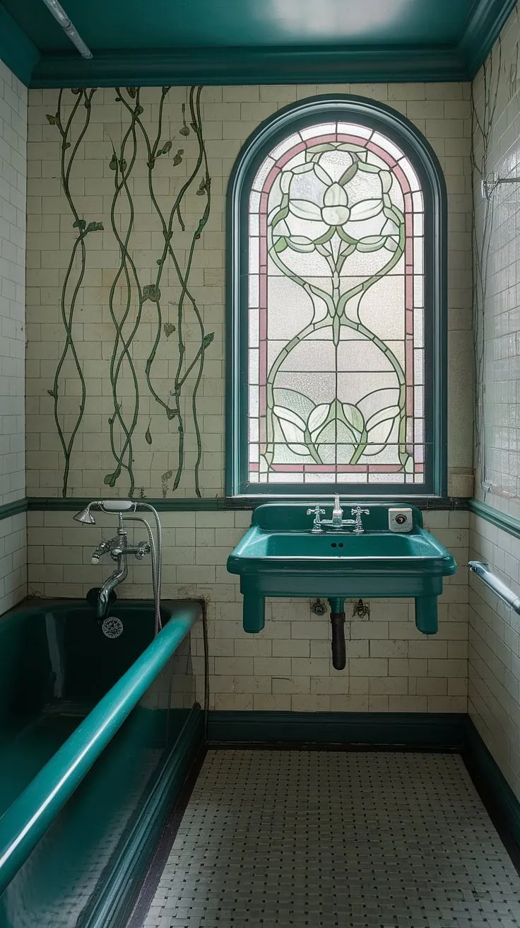 Step into a dream: this art nouveau bathroom, with its stained glass windows and antique bathroom design, embodies vintage bathroom aesthetic at its finest.  Art nouveau interiors and whimsical bathroom decor combine to create the ultimate vintage interior decor and art nouveau bathroom ideas.