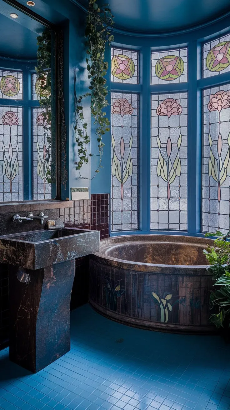 Step into a dream: this art nouveau bathroom, with its stained glass windows and antique bathroom design, embodies the ultimate vintage bathroom aesthetic.  Whimsical bathroom decor and art nouveau interiors combine to create a truly unique and inspiring space.  Find your own art nouveau bathroom ideas within this vintage interior decor masterpiece.