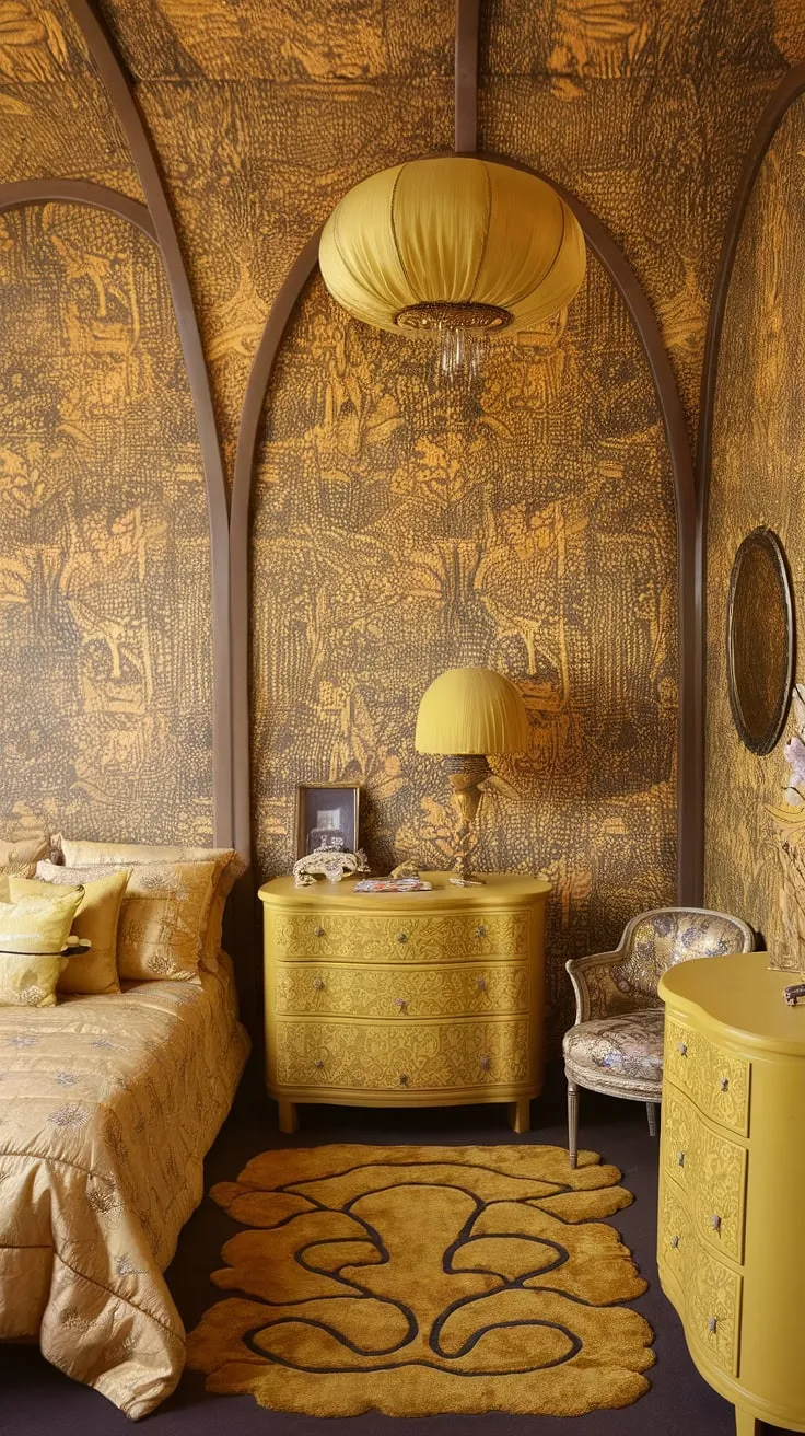 Step into a whimsical dream: this cute yellow bedroom, a vibrant explosion of yellow floral wallpaper and Art Nouveau details, embodies the playful spirit of a yellow eclectic bedroom and the luxurious opulence of a yellow chinoiserie bedroom.  The maximalist approach, perfectly showcased in this Art Nouveau apartment interior, creates a space that's both charming and utterly captivating.