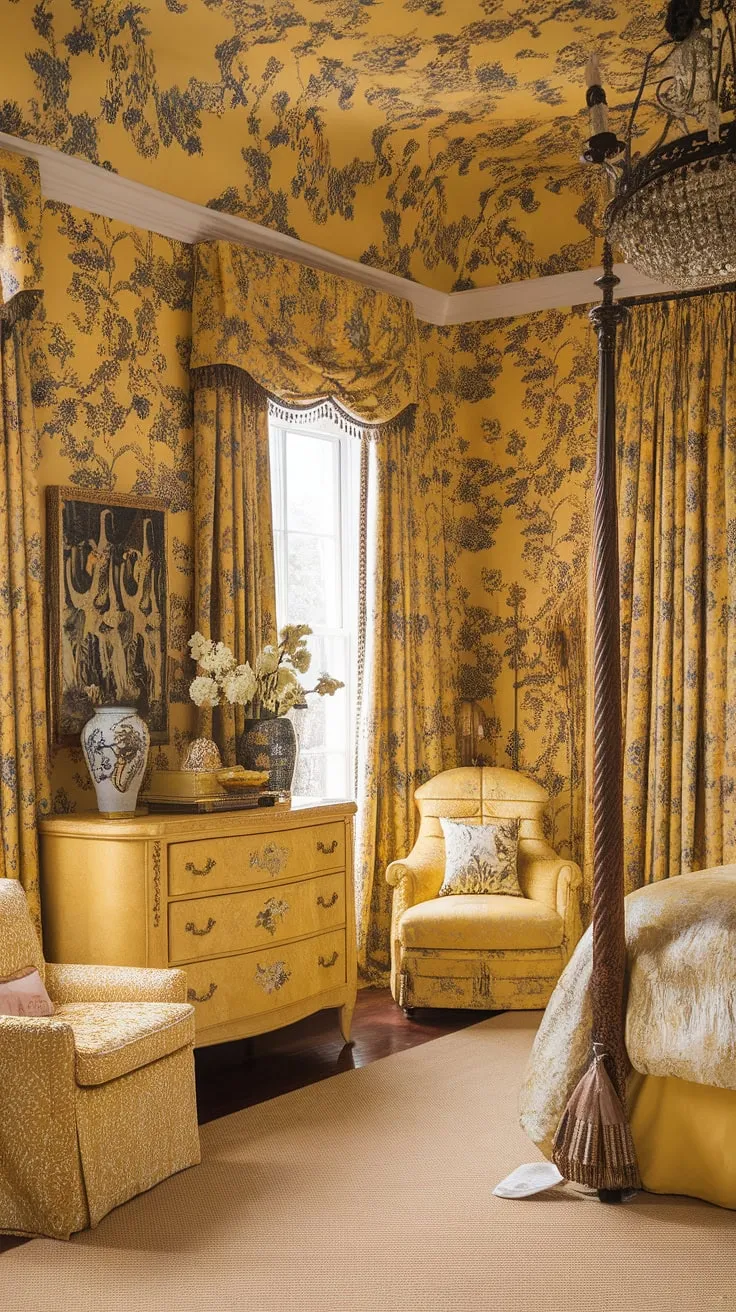 Step into a whimsical dream: this cute yellow bedroom, a vibrant explosion of yellow floral wallpaper and chinoiserie details, embodies the playful spirit of an art nouveau apartment interior.  The maximalist approach creates a truly eclectic and unforgettable space.