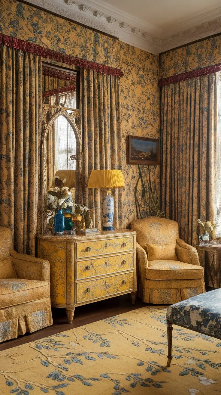 Step into a whimsical dream: this yellow maximalist bedroom, with its art nouveau flourishes and chinoiserie accents, is the epitome of a cute yellow bedroom.  The yellow floral wallpaper perfectly complements the eclectic mix of furniture, creating an art nouveau apartment interior that's both vibrant and sophisticated.