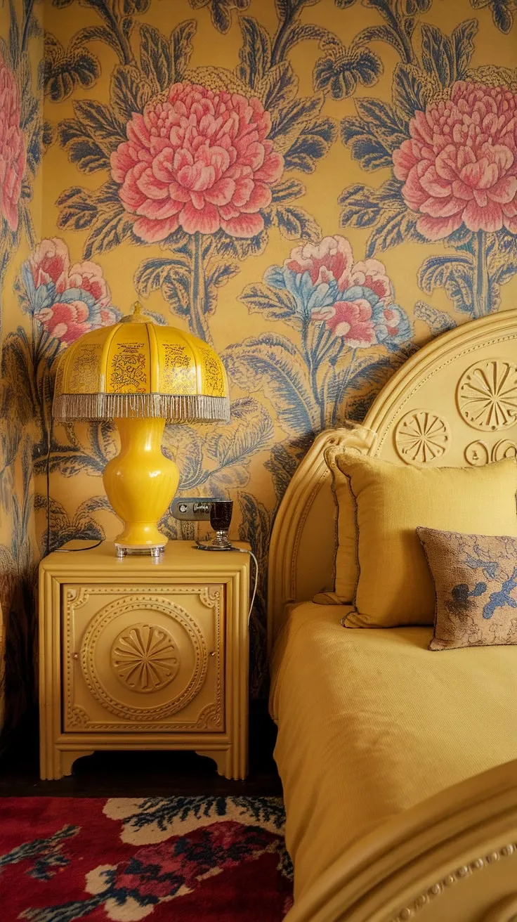 A sunny haven of yellow maximalist design: this eclectic bedroom blends the delicate curves of Art Nouveau with the rich patterns of Chinoiserie, all framed by a captivating yellow floral wallpaper.  The result? A charming and utterly unique Art Nouveau apartment interior, perfect for those who dare to dream in color.