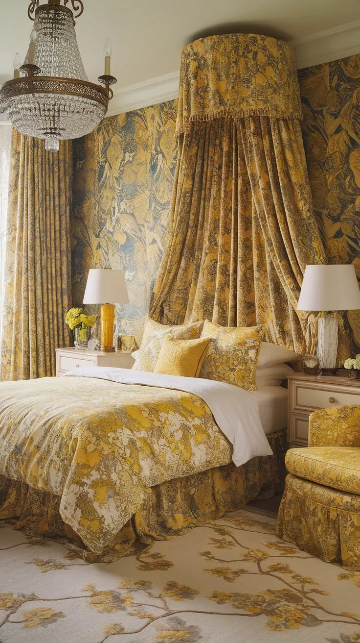 A sunny haven of yellow maximalist design: this eclectic bedroom blends the delicate curves of Art Nouveau with the rich patterns of Chinoiserie, all framed by a captivating yellow floral wallpaper.  The result? A charming and utterly unique Art Nouveau apartment interior, perfect for those who dare to dream in color.
