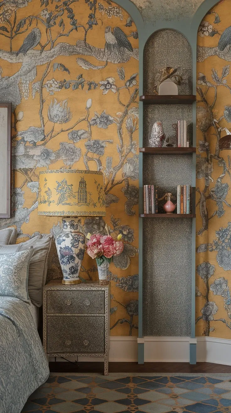 Step into a whimsical dream: this cute yellow bedroom, a vibrant explosion of Art Nouveau and Chinoiserie influences, showcases a maximalist approach to design with its stunning yellow floral wallpaper.  The eclectic mix creates a truly unique and unforgettable Art Nouveau apartment interior.