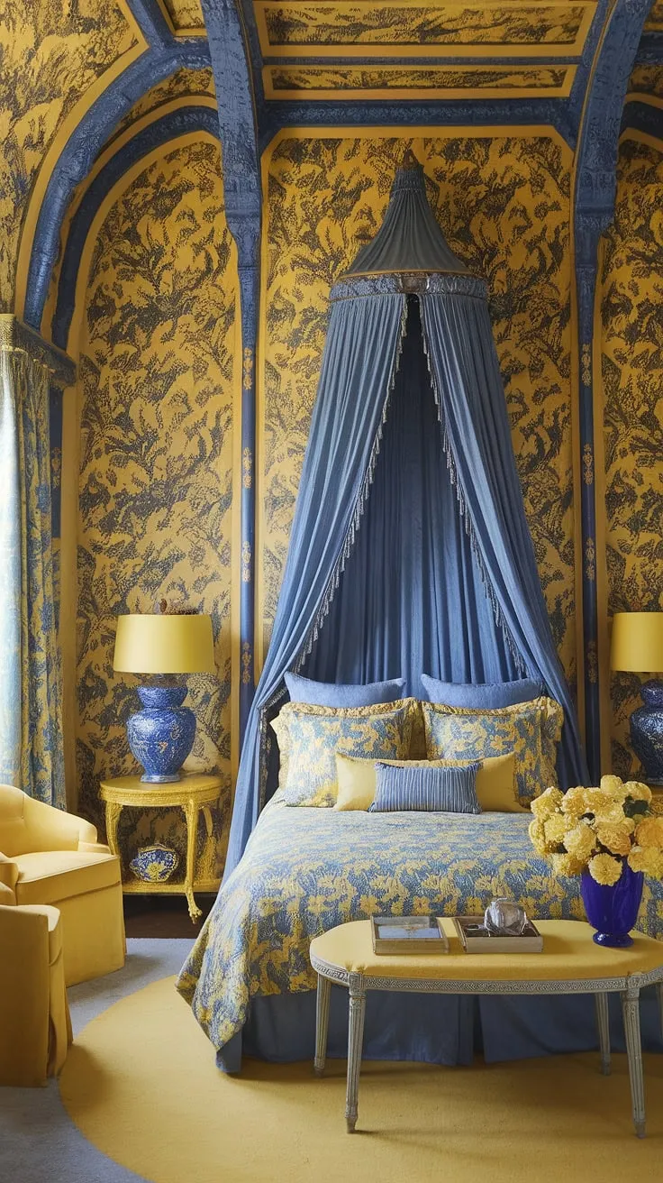 Step into a whimsical dream: this cute yellow bedroom, a vibrant explosion of yellow floral wallpaper and Art Nouveau details, embodies the playful spirit of a yellow eclectic bedroom and the luxurious opulence of a yellow maximalist bedroom.  The Chinoiserie influences add a touch of exotic charm to this Art Nouveau apartment interior.