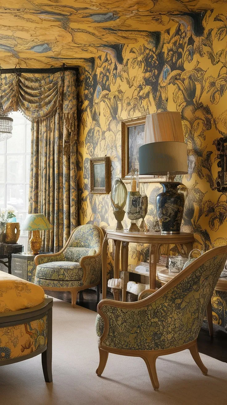 Step into a whimsical dream: this cute yellow bedroom, a vibrant explosion of Art Nouveau and Chinoiserie influences, showcases a maximalist approach to design with its stunning yellow floral wallpaper.  The eclectic mix creates a truly unique and captivating Art Nouveau apartment interior.