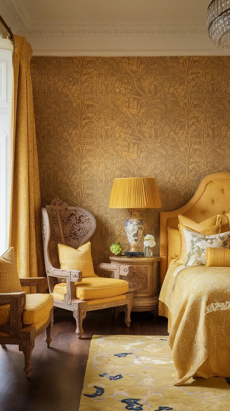 Bathed in sunshine and brimming with personality, this yellow maximalist bedroom is a dream come true.  The art nouveau apartment interior features a stunning yellow floral wallpaper, creating a cute yellow bedroom with eclectic charm.  The yellow chinoiserie accents and vintage chair add layers of sophisticated detail to this art nouveau bedroom.