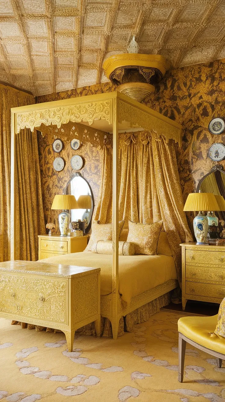 Step into a whimsical dream: this cute yellow bedroom, a vibrant explosion of Art Nouveau and Chinoiserie influences, showcases a maximalist approach to design with its stunning yellow floral wallpaper.  The eclectic mix creates a truly unique and unforgettable Art Nouveau apartment interior.