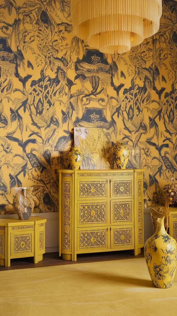 This cute yellow bedroom is a symphony of yellow maximalist style.  An Art Nouveau design dream, the yellow floral wallpaper and yellow chinoiserie bedroom theme create a vibrant and playful space.  The carefully curated furniture and decorative pieces complete this stunning yellow eclectic bedroom, a perfect example of art nouveau apartment interior design at its finest.