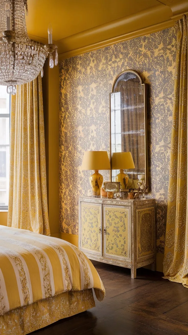A sunny haven of yellow maximalist design: this eclectic bedroom blends the delicate curves of Art Nouveau with the rich patterns of Chinoiserie, all anchored by a captivating yellow floral wallpaper.  The result? A cute yellow bedroom that's both charming and utterly captivating within this Art Nouveau apartment interior.