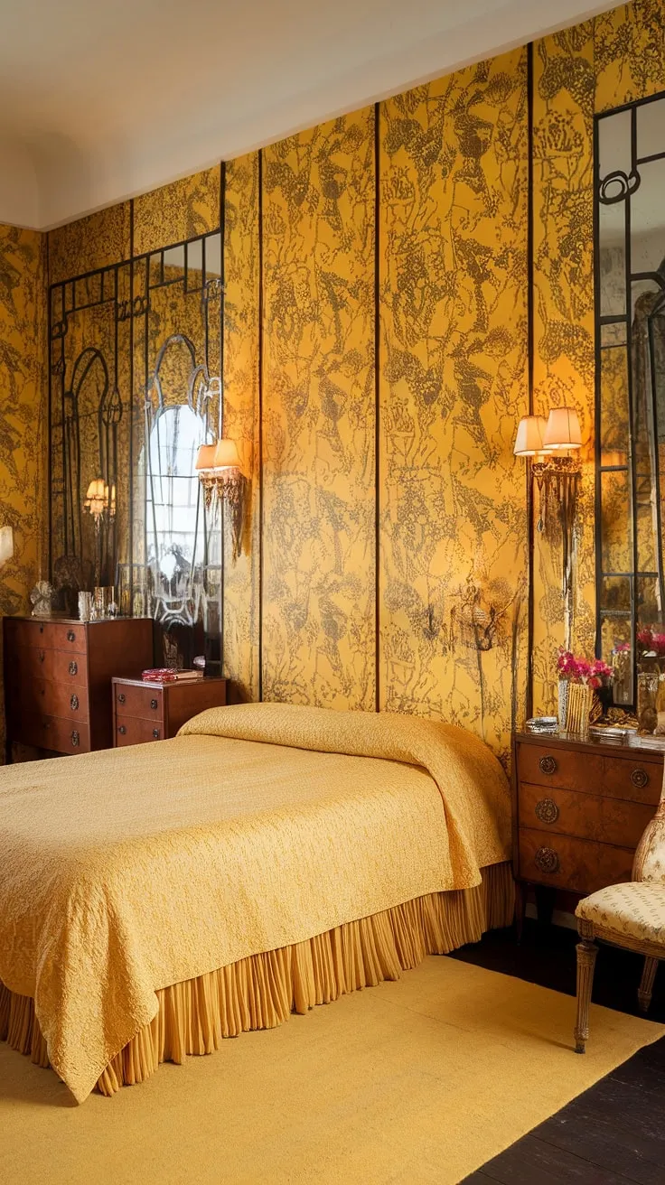 Step into this dreamy yellow maximalist bedroom, a vibrant jewel within an art nouveau apartment interior.  The yellow chinoiserie bedroom, complete with yellow floral wallpaper and art nouveau mirrors, creates a cute yellow bedroom brimming with eclectic charm.