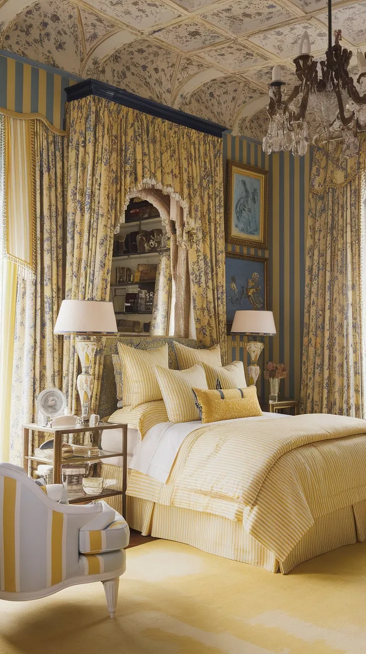 Step into a whimsical dream: this cute yellow bedroom, a vibrant explosion of Art Nouveau and Chinoiserie influences, showcases a maximalist approach to design with its stunning yellow floral wallpaper.  The eclectic mix creates a truly unique and captivating Art Nouveau apartment interior.