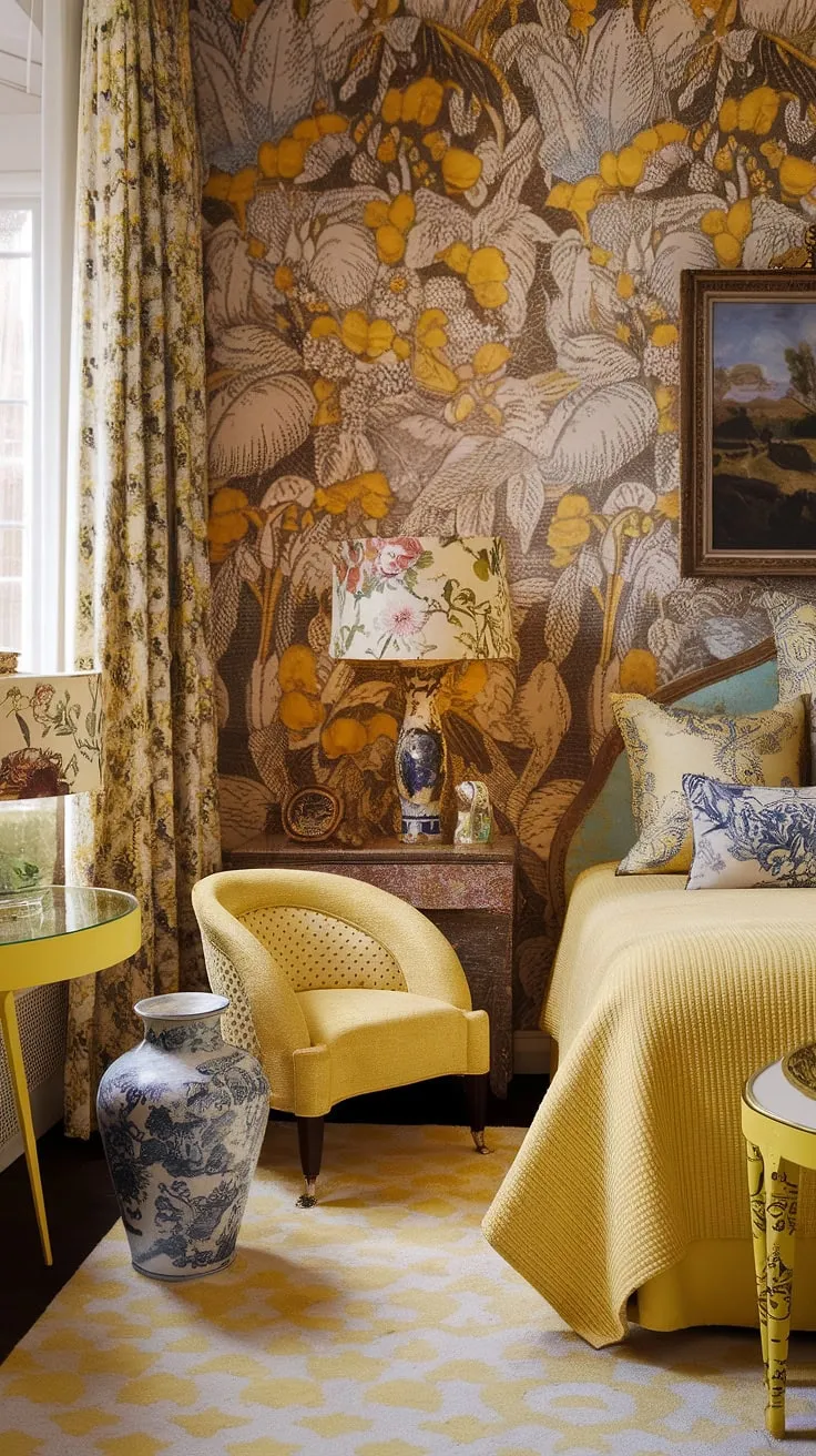 A burst of sunshine in an Art Nouveau apartment interior! This yellow maximalist bedroom is a playful blend of yellow eclectic and yellow chinoiserie styles, featuring a captivating yellow floral wallpaper that transforms the space into a charming and utterly delightful retreat.