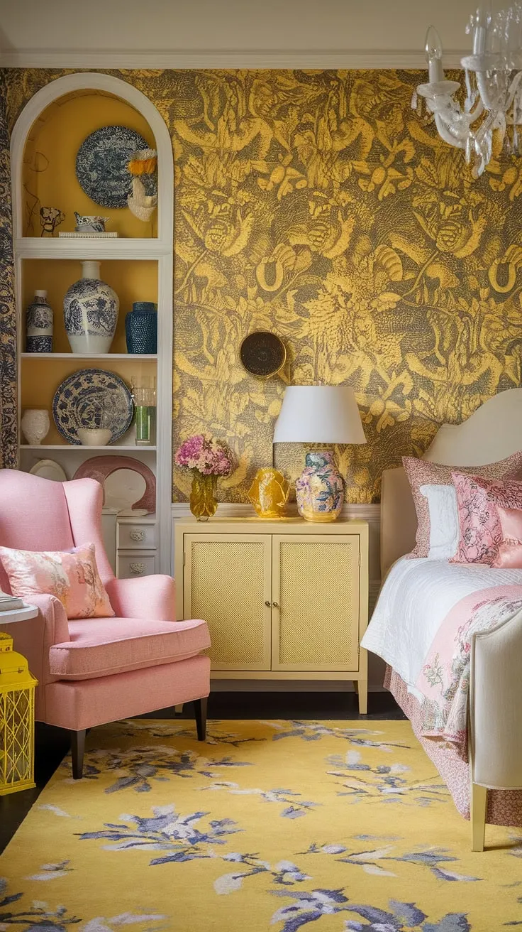 Bathed in sunshine, this yellow eclectic bedroom is a testament to joyful maximalism.  The yellow floral wallpaper, a nod to Art Nouveau, blends seamlessly with Chinoiserie details, transforming this space into a charming and utterly captivating Art Nouveau apartment interior.