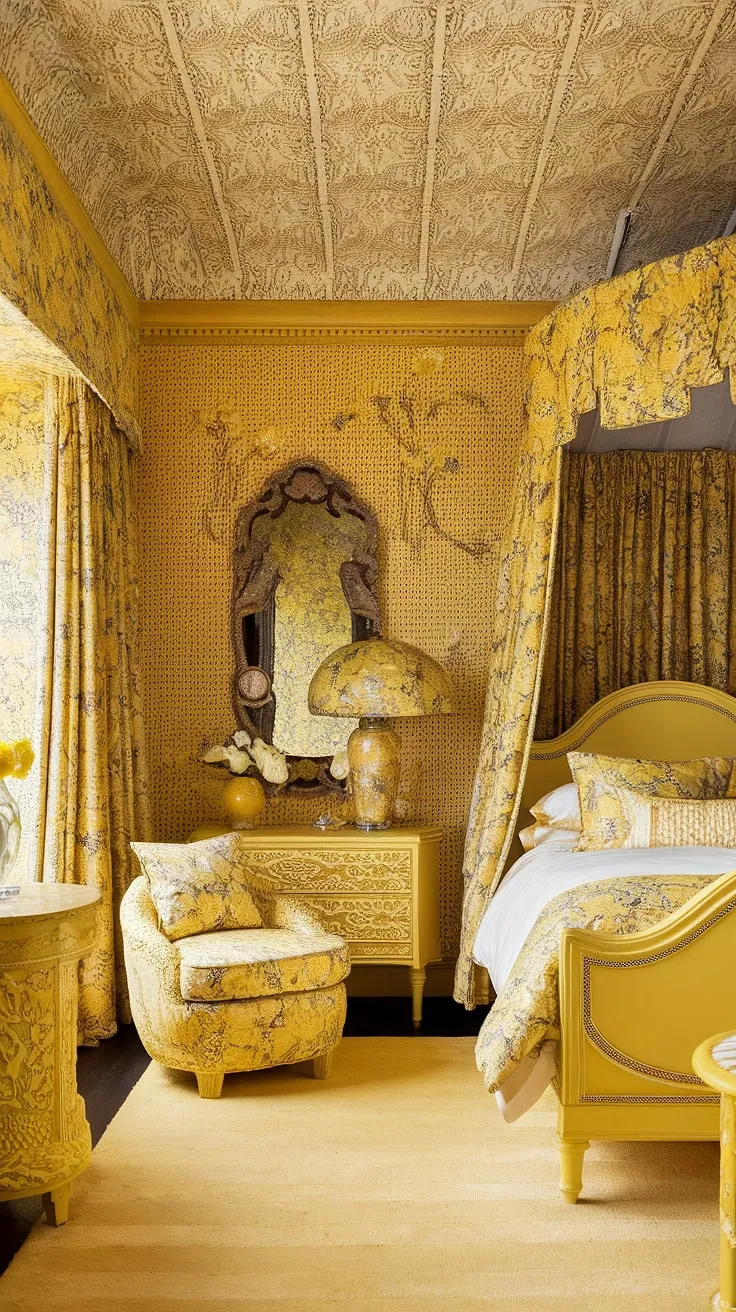 Step into a whimsical dream: this cute yellow bedroom, brimming with Art Nouveau flourishes and chinoiserie details, is the epitome of yellow maximalist design.  The yellow floral wallpaper and eclectic mix of furniture create a truly unique Art Nouveau apartment interior.