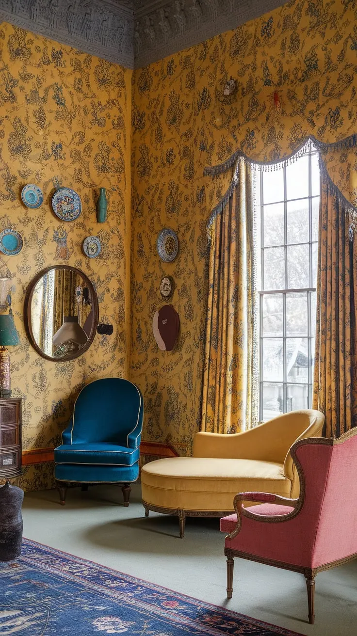 A sunny haven of yellow maximalist design: this eclectic bedroom blends the delicate curves of Art Nouveau with the rich patterns of Chinoiserie, all framed by a captivating yellow floral wallpaper.  The result? A charming and utterly unique Art Nouveau apartment interior.