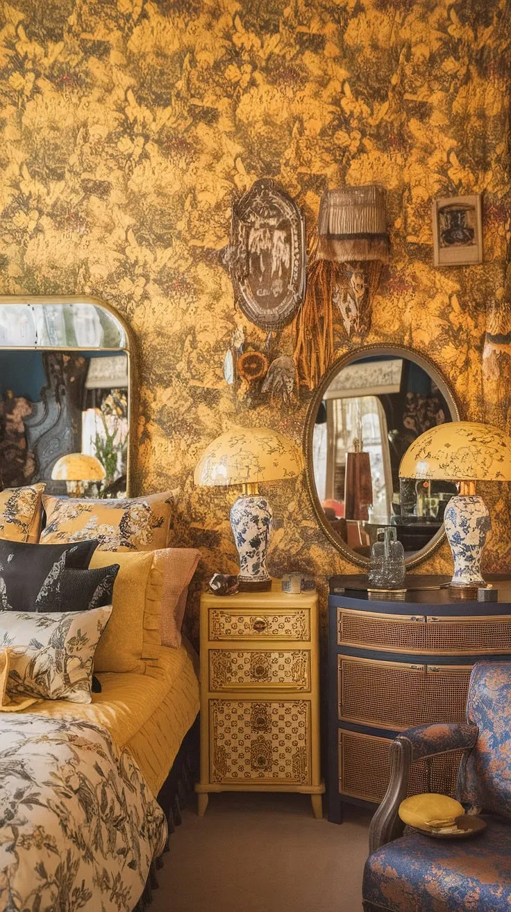 Step into a whimsical dream: this yellow maximalist bedroom, a vibrant blend of Art Nouveau and Chinoiserie styles, is pure joy.  The yellow floral wallpaper and eclectic mix of furnishings create a cute yellow bedroom that feels both luxurious and playful, a true Art Nouveau apartment interior come to life.