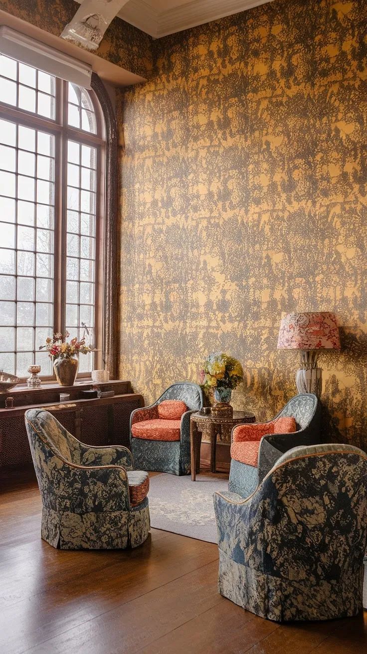 A burst of sunshine in an art nouveau apartment interior: this yellow maximalist bedroom is a playful blend of yellow floral wallpaper, art nouveau design, and charming chinoiserie elements.  The result? A cute yellow bedroom that's both eclectic and utterly captivating.