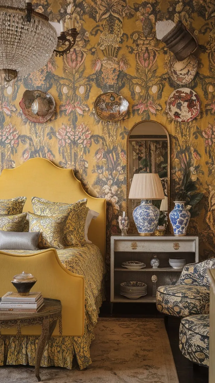 This cute yellow bedroom is a vibrant explosion of style!  Yellow floral wallpaper sets the stage for a delightful blend of Art Nouveau and Chinoiserie influences, resulting in a stunning yellow eclectic bedroom and a truly unforgettable Art Nouveau apartment interior.