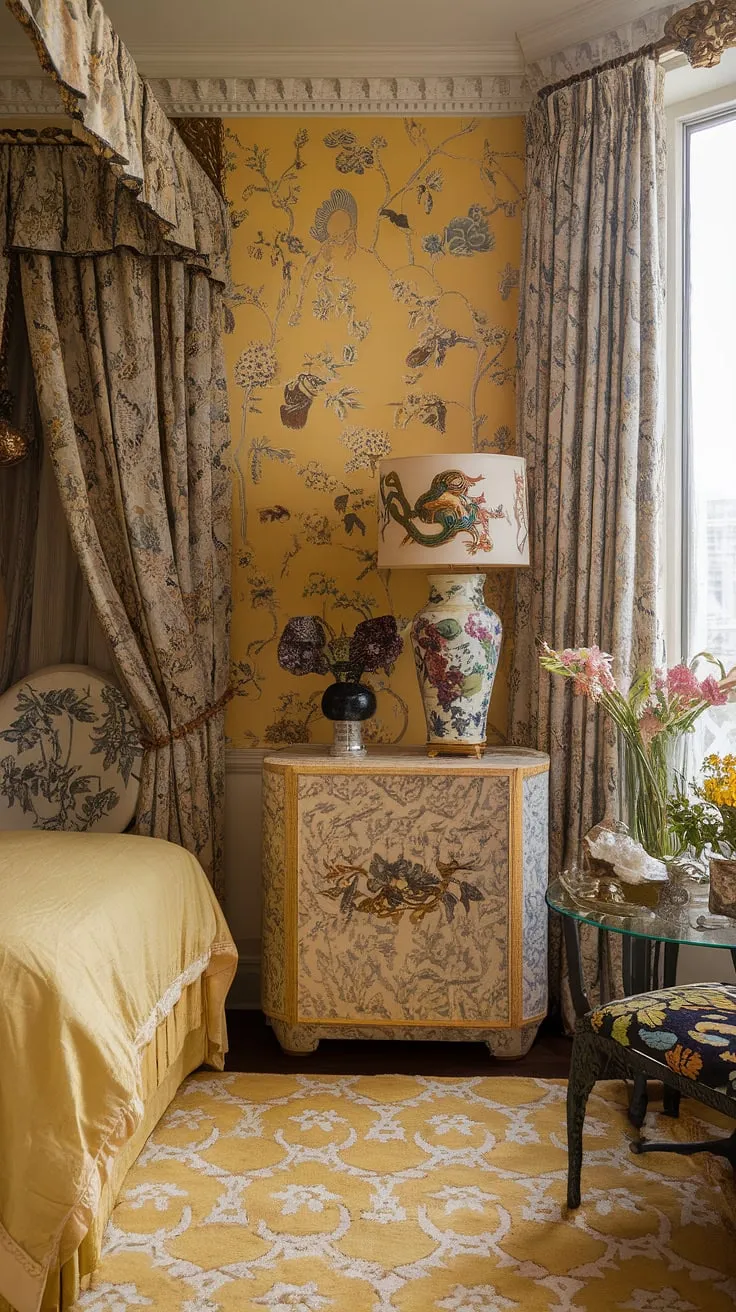 Step into a whimsical dream: this cute yellow bedroom, brimming with Art Nouveau flourishes and chinoiserie details, is the epitome of yellow maximalist design.  The yellow floral wallpaper and eclectic mix of furniture create a truly unique Art Nouveau apartment interior.