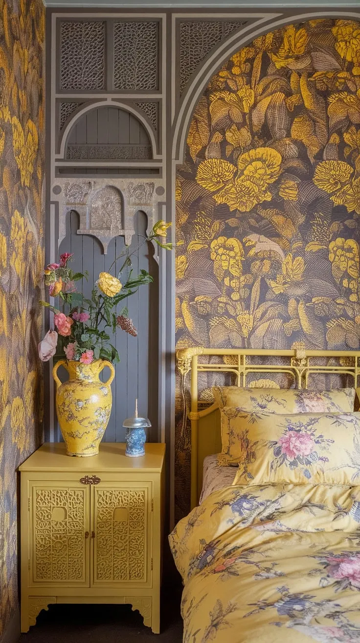 This yellow chinoiserie bedroom is a vision in Art Nouveau.  The yellow floral wallpaper, perfectly complemented by the yellow maximalist decor and intricate details, makes this cute yellow bedroom a truly unique and unforgettable space within this breathtaking Art Nouveau apartment interior.