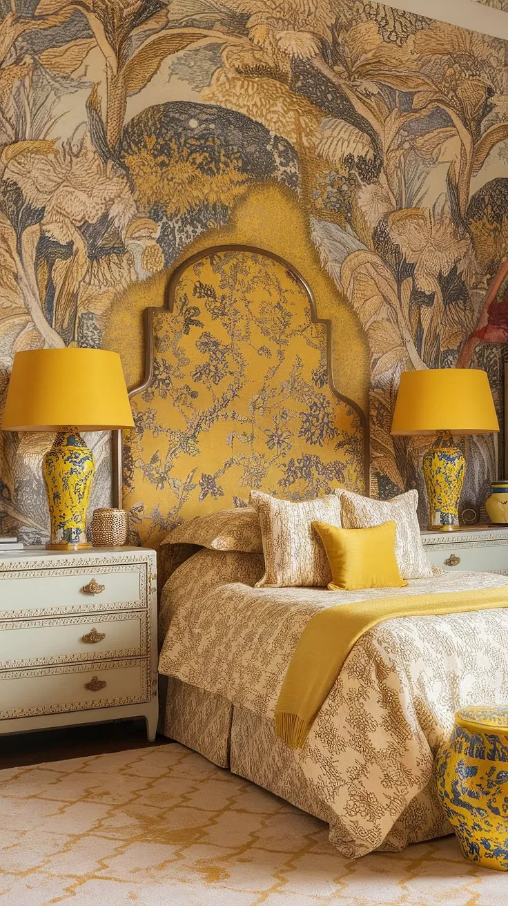 Step into a whimsical dream: this yellow maximalist bedroom, with its art nouveau flourishes and chinoiserie accents, is the epitome of a cute yellow bedroom.  The yellow floral wallpaper and eclectic mix of furniture create a truly unique art nouveau apartment interior, a space brimming with personality and charm.
