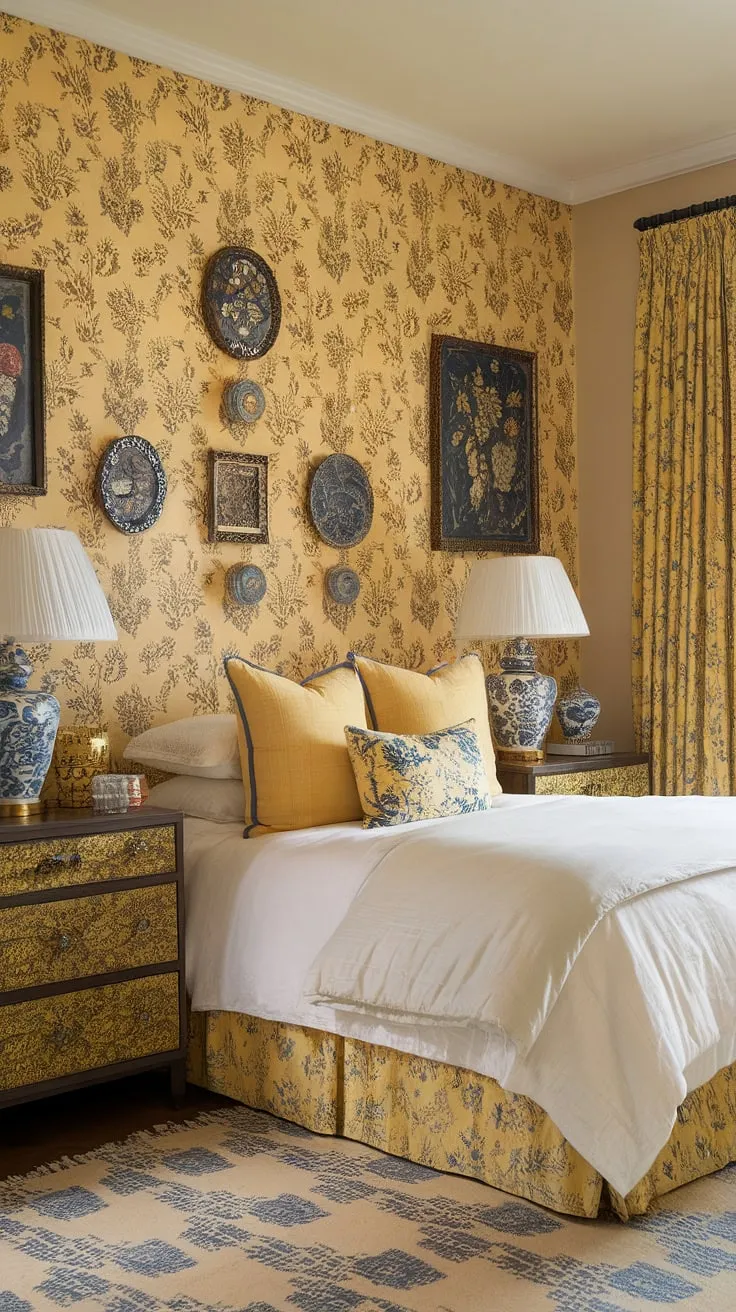 Step into a dream: this art nouveau apartment interior boasts a cute yellow bedroom, overflowing with maximalist charm.  The yellow floral wallpaper and eclectic mix of chinoiserie details create a truly unique and vibrant space, a perfect blend of art nouveau elegance and joyful, sunny energy.