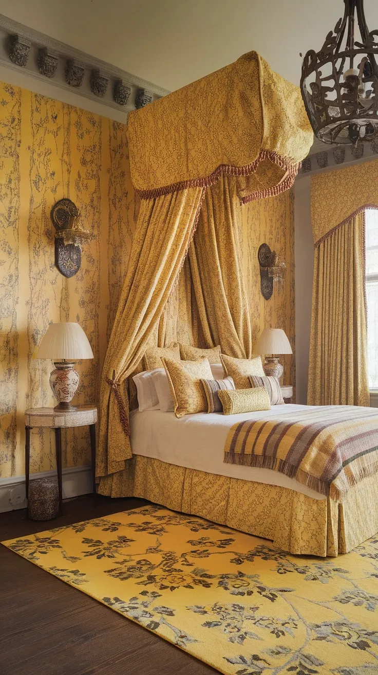 A sunny haven of yellow maximalist design: this eclectic bedroom blends the delicate curves of Art Nouveau with the rich patterns of Chinoiserie, all framed by a captivating yellow floral wallpaper.  The result? A charming and utterly unique Art Nouveau apartment interior, perfect for those who dare to dream in color.