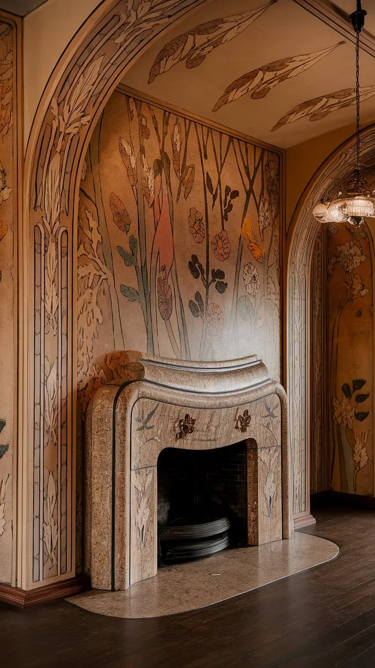 The exquisite detail of this Art Nouveau fireplace is a testament to the era's mastery of design.  The flowing lines and organic forms of the Art Nouveau architecture and interior are perfectly complemented by the fireplace art, creating a truly breathtaking Art Nouveau design.