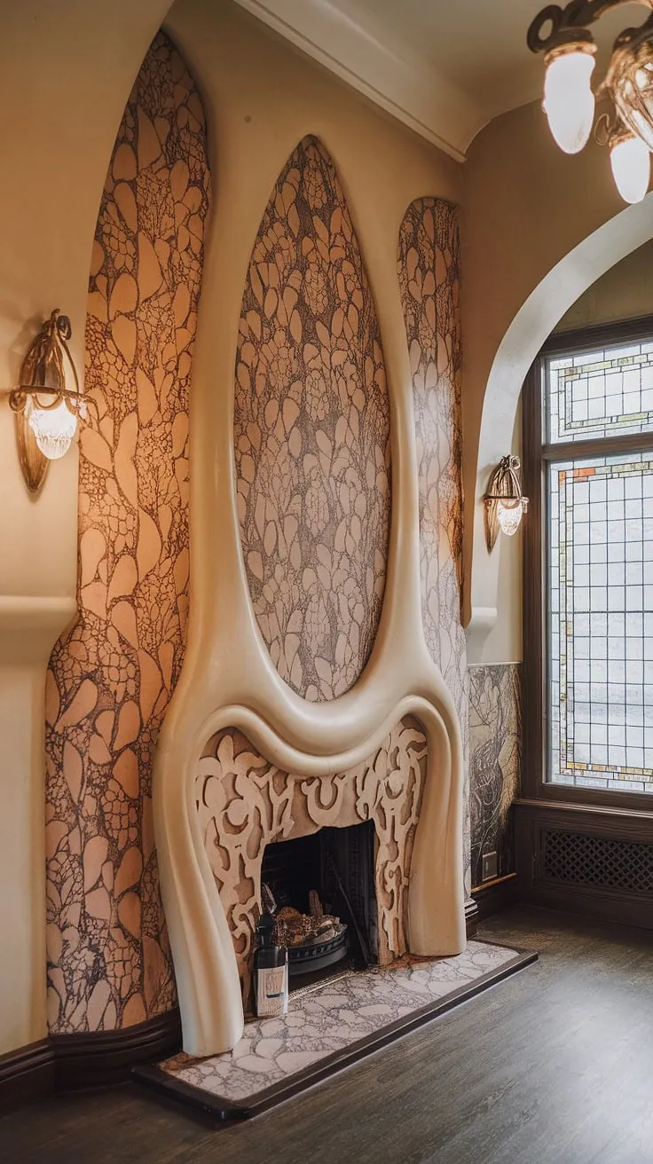 This Art Nouveau interior is a dream realized. The fireplace, a stunning example of Art Nouveau design and architecture, showcases the movement's signature elegance and craftsmanship.  Every curve and flourish is a testament to the enduring beauty of Art Nouveau fireplace art.
