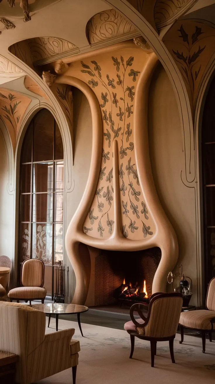 This Art Nouveau architecture showcases the breathtaking beauty of Art Nouveau design. The fireplace, a stunning example of fireplace art, is the centerpiece of this Art Nouveau interior, its intricate details a testament to the movement's artistic vision.
