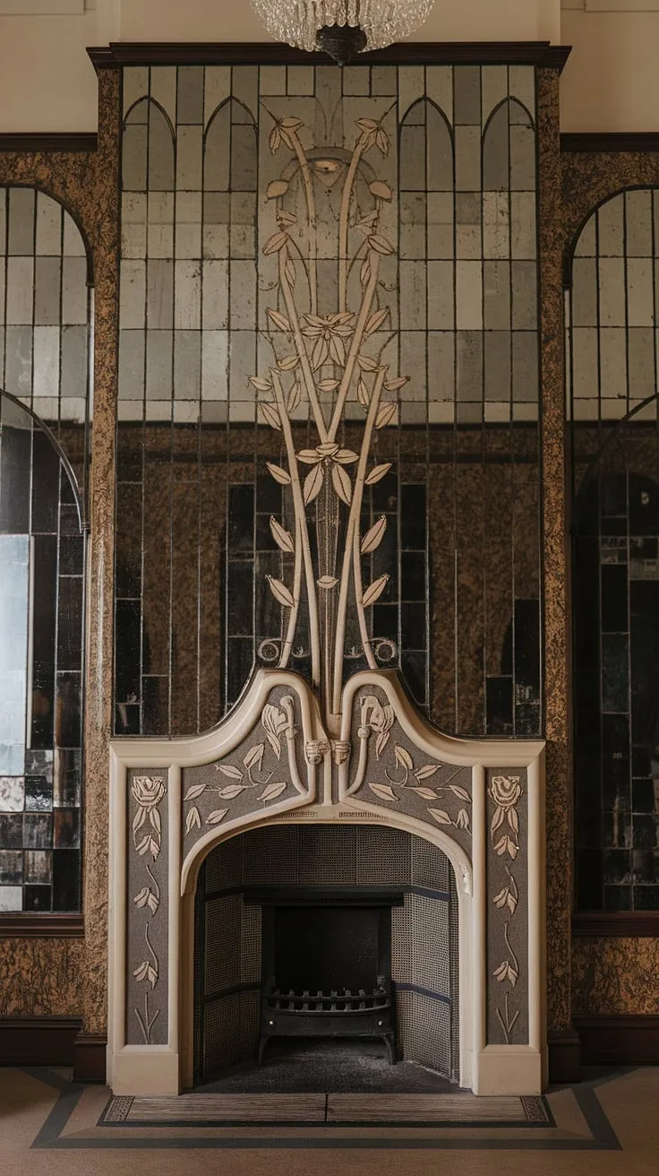 Immerse yourself in the captivating world of Art Nouveau design. This fireplace, a stunning example of Art Nouveau architecture, is a focal point of the room, its intricate details a celebration of nature's beauty.  The Art Nouveau interior is completed by this breathtaking piece of fireplace art.