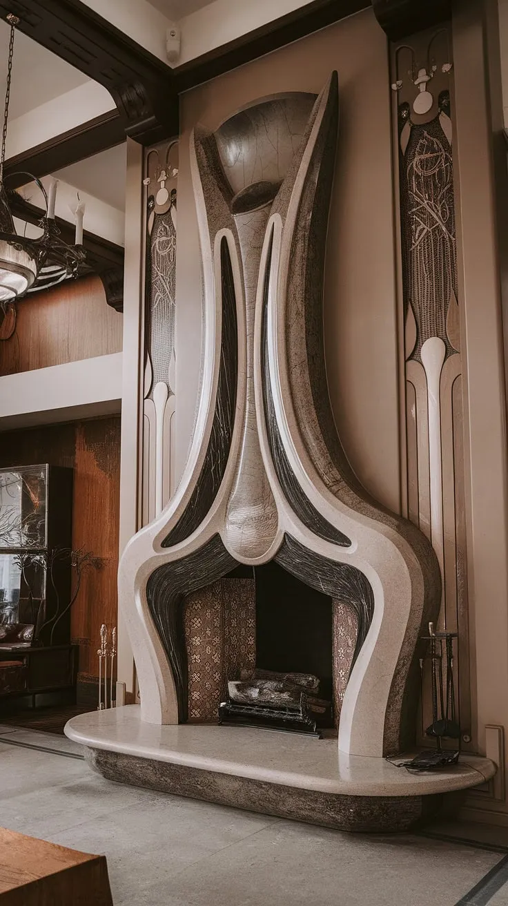 This Art Nouveau architecture showcases the pinnacle of Art Nouveau interior design. The fireplace itself, a stunning example of fireplace art, is a focal point, its Art Nouveau design radiating elegance and sophistication throughout the room.