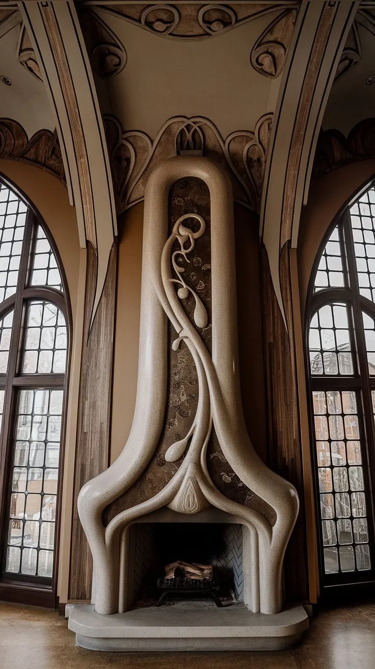 Immerse yourself in the elegance of this Art Nouveau interior. The fireplace, a stunning example of Art Nouveau design and architecture, showcases the movement's signature style with its intricate curves and captivating fireplace art.  A true masterpiece of Art Nouveau.