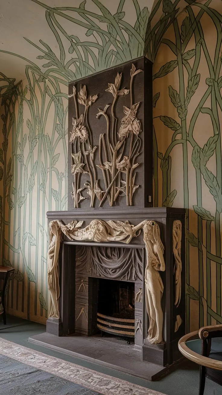 This Art Nouveau fireplace, a stunning example of Art Nouveau architecture and design, anchors this Art Nouveau interior.  The fireplace art is breathtaking, a testament to the era's unparalleled skill in blending form and function.