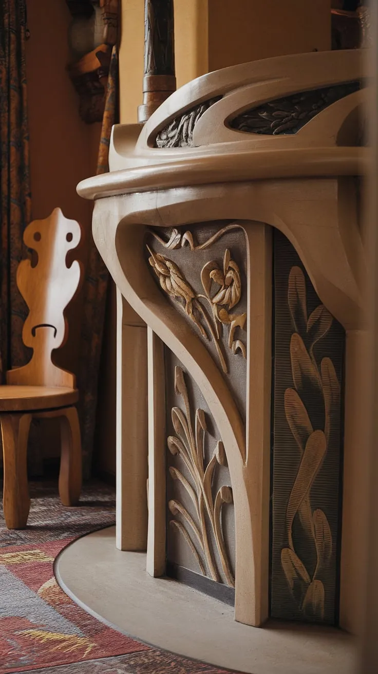 A masterpiece of Art Nouveau design, this fireplace showcases the movement's signature elegance.  The intricate craftsmanship and flowing lines of the Art Nouveau architecture are beautifully reflected in the fireplace art, transforming this space into a stunning example of Art Nouveau interior design.