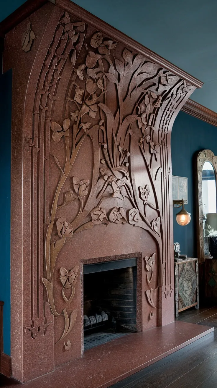 The intricate curves and floral motifs of this Art Nouveau fireplace are a testament to the era's exquisite design.  The fireplace itself is a stunning piece of fireplace art, perfectly complementing the overall Art Nouveau interior and architecture.