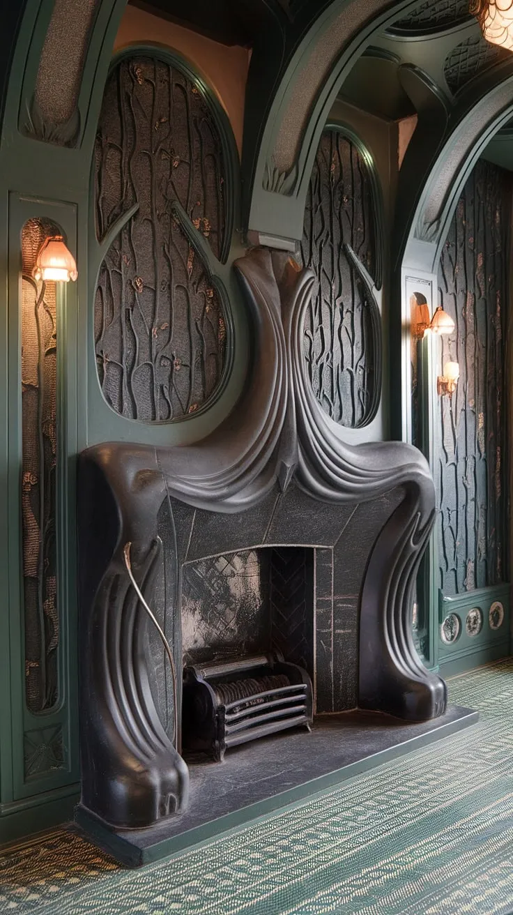 This art nouveau fireplace is more than just a hearth; it's a sculptural centerpiece in an exquisitely preserved art nouveau interior. The flowing lines and organic forms of the fireplace art are echoed throughout the room, showcasing the masterful art nouveau design and architecture of this stunning space.