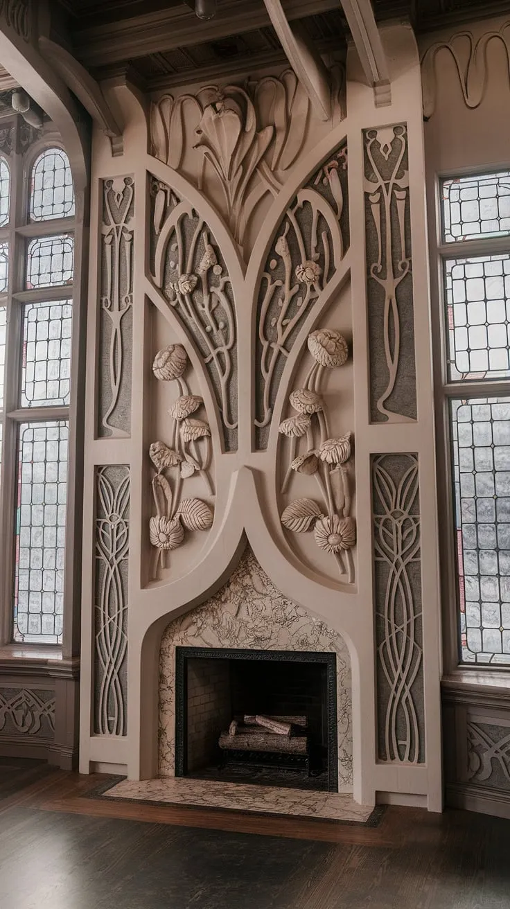 This art nouveau fireplace is more than just a hearth; it's a breathtaking focal point in an art nouveau interior, showcasing the exquisite detail and organic forms characteristic of art nouveau architecture and design.  The room itself is a testament to the enduring beauty of art nouveau design.