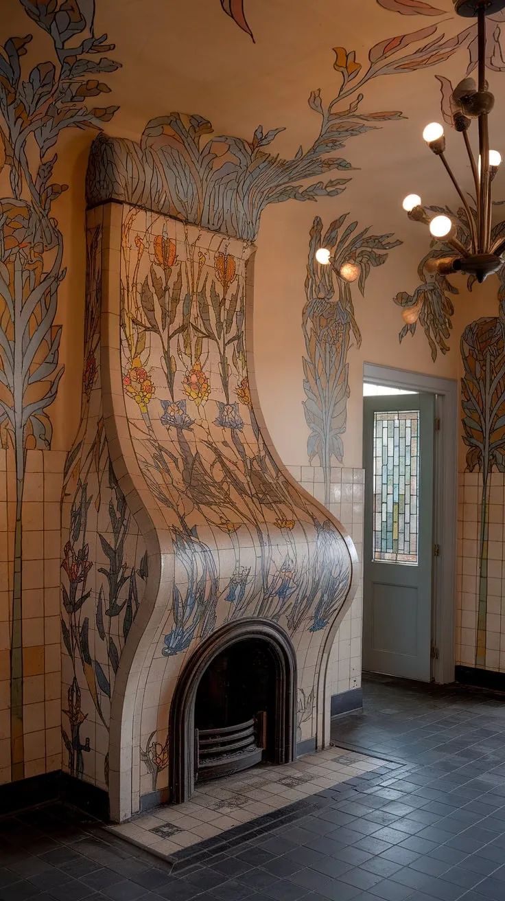 The exquisite curves and floral flourishes of this Art Nouveau fireplace are a testament to the era's dedication to beauty in every detail.  The entire Art Nouveau interior, from the architecture to the fireplace art, is a breathtaking example of Art Nouveau design.