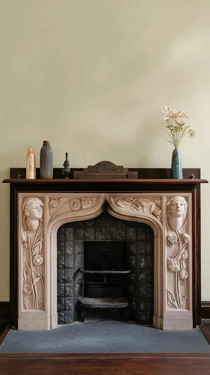 The mesmerizing curves and intricate details of this Art Nouveau fireplace are a testament to the era's exquisite design.  A true masterpiece of Art Nouveau architecture, the fireplace is the focal point of this stunning Art Nouveau interior, showcasing the movement's signature blend of nature-inspired motifs and elegant lines.  Fireplace art at its finest.